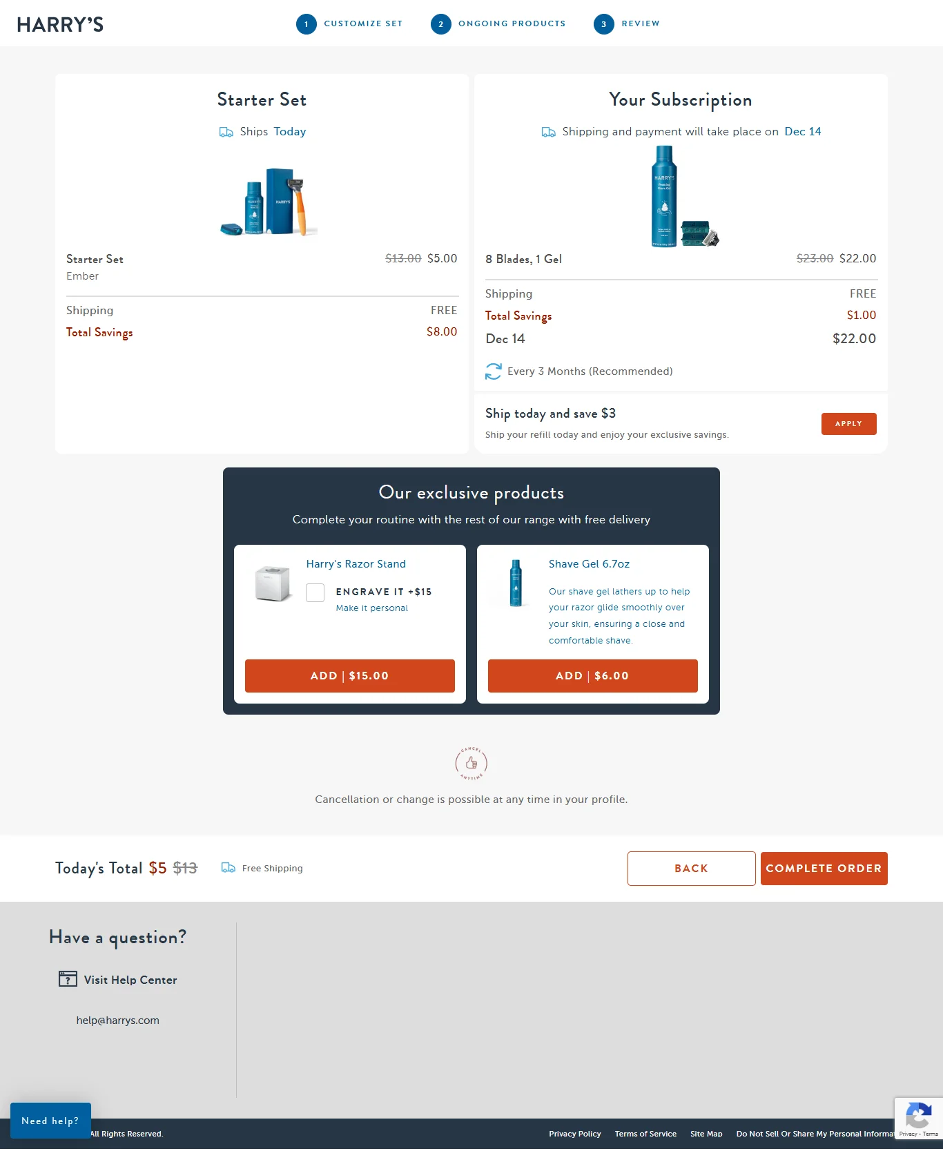 Harry's shopping cart page design