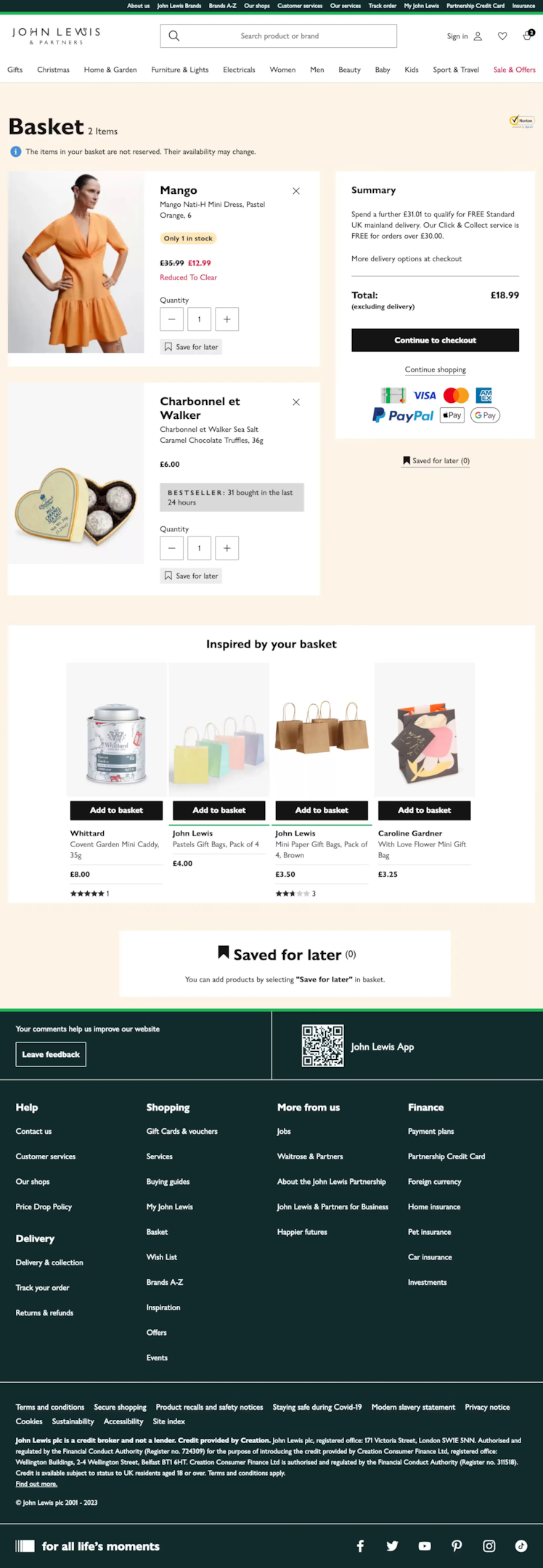 John Lewis shopping cart page design