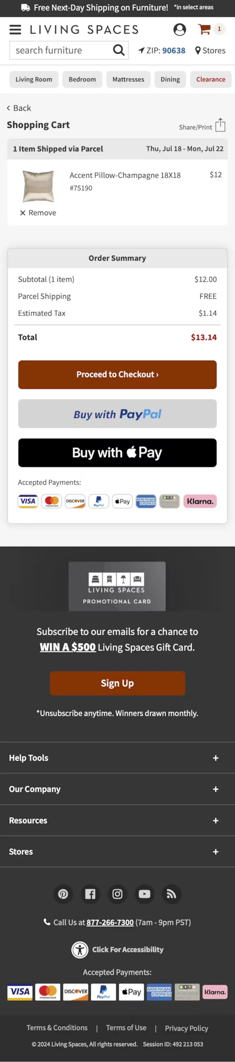 Living Space shopping cart page design