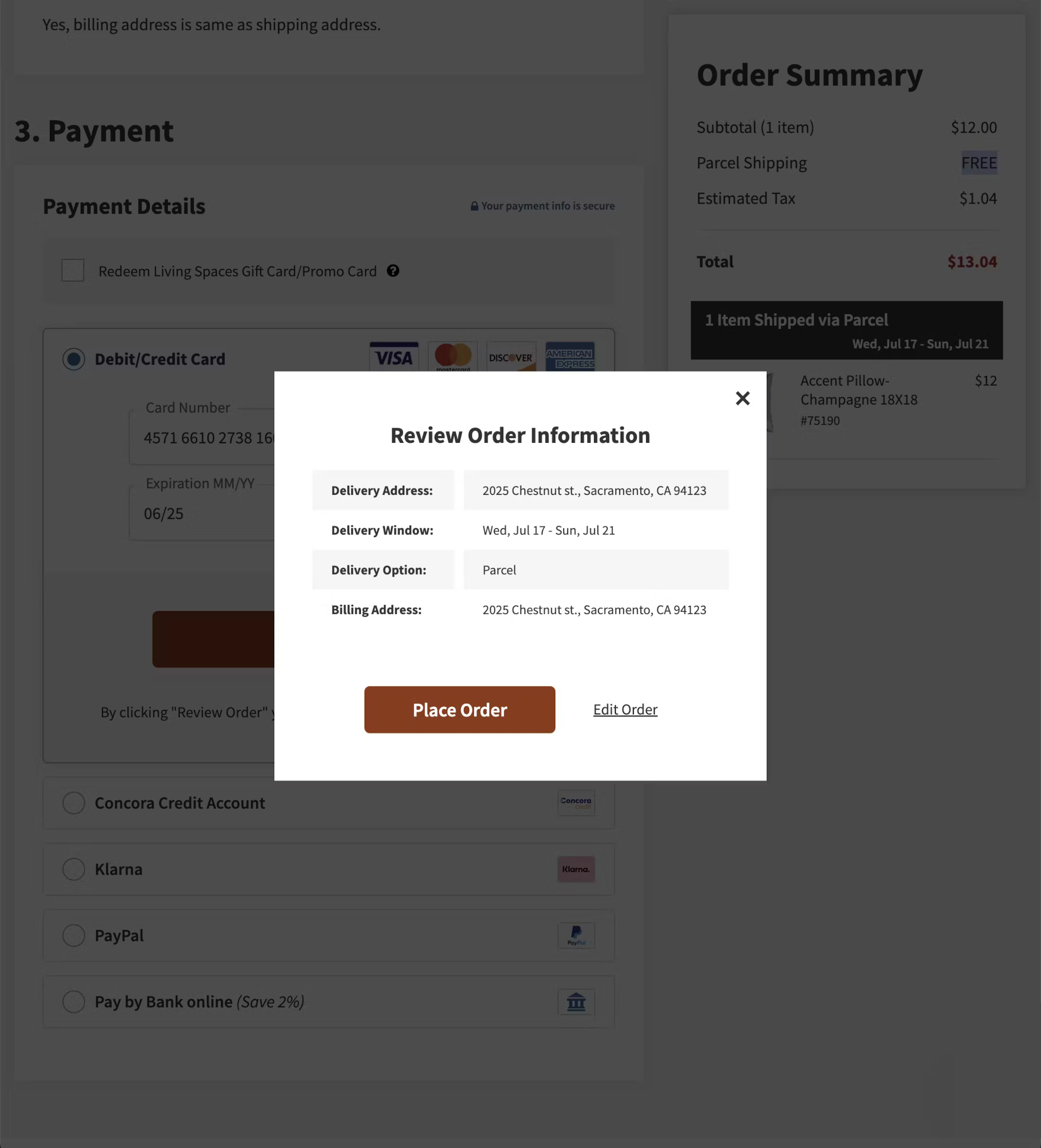 Living Spaces order review page