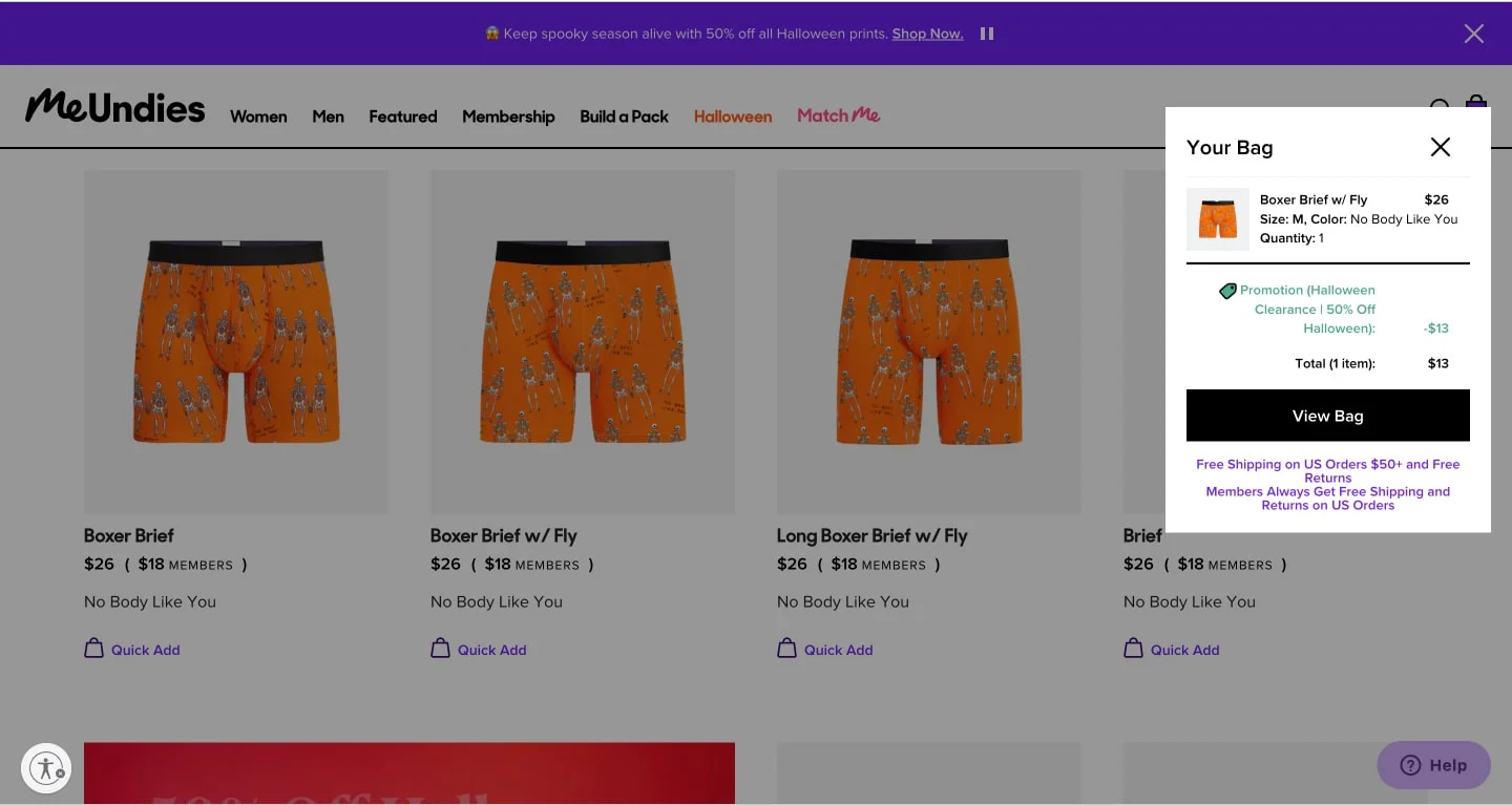 MeUndies shopping cart page design