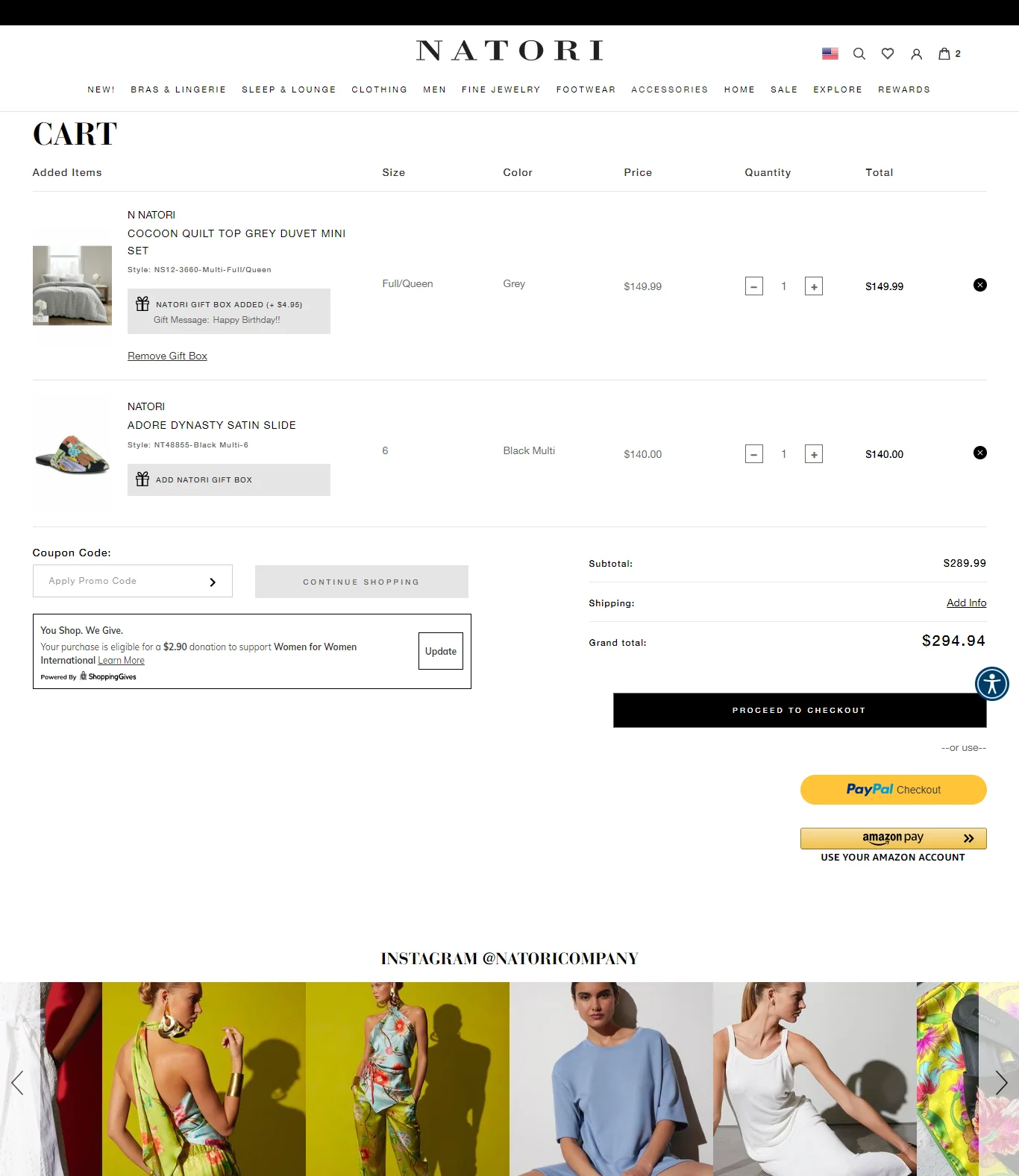 Natori shopping cart page design
