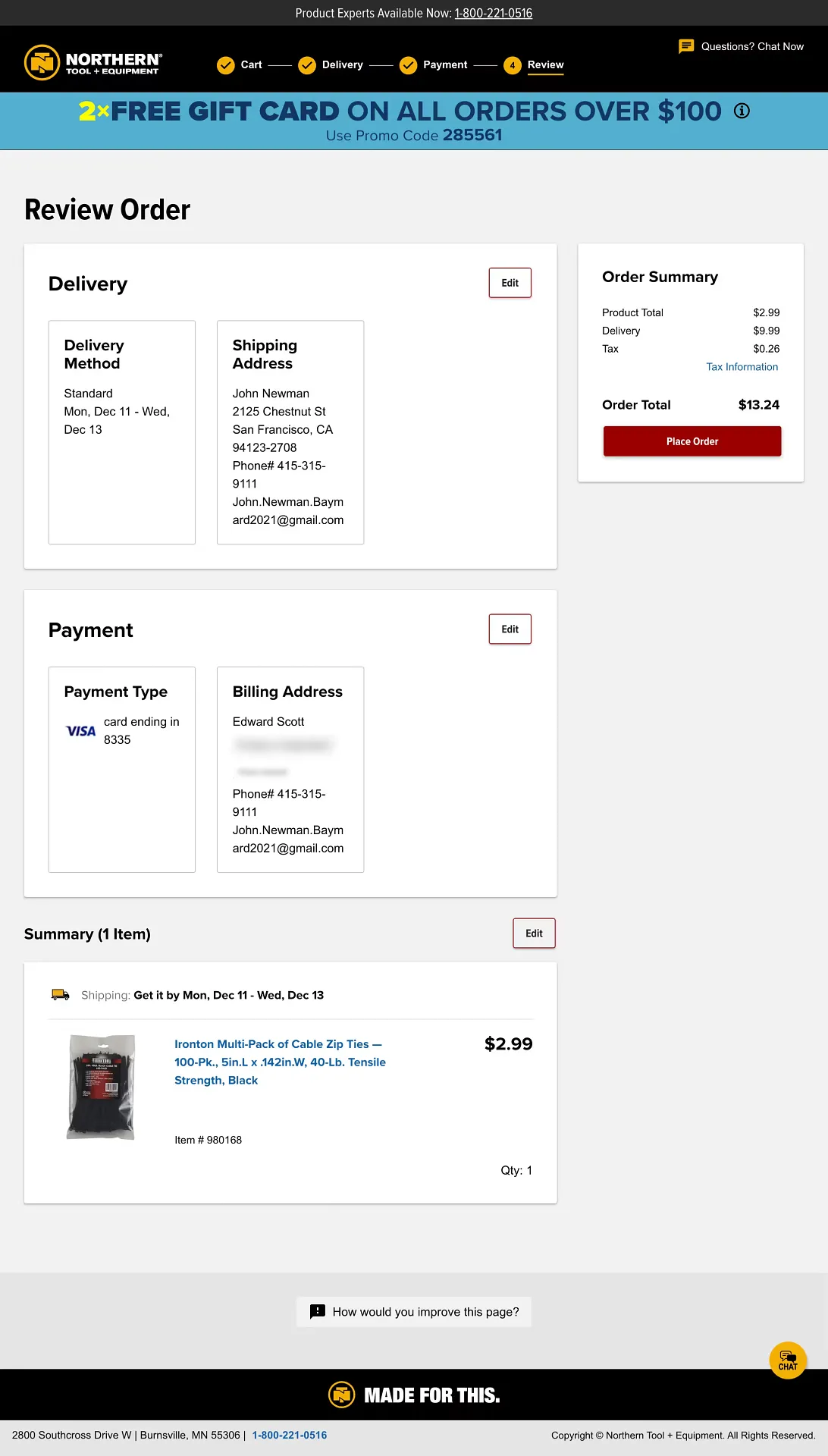 Northern Tool order review page