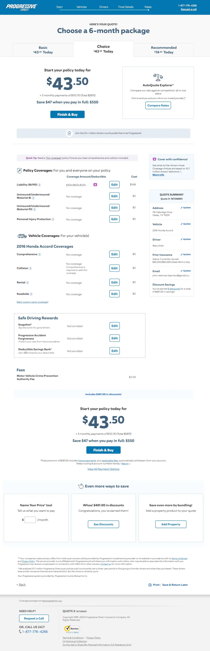 Progressive insurance order review page