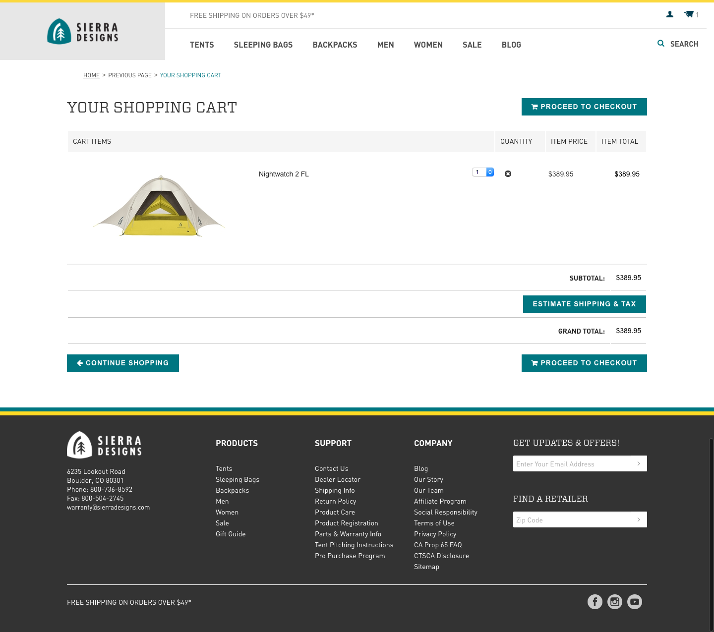 Sierra Designs shopping cart page design