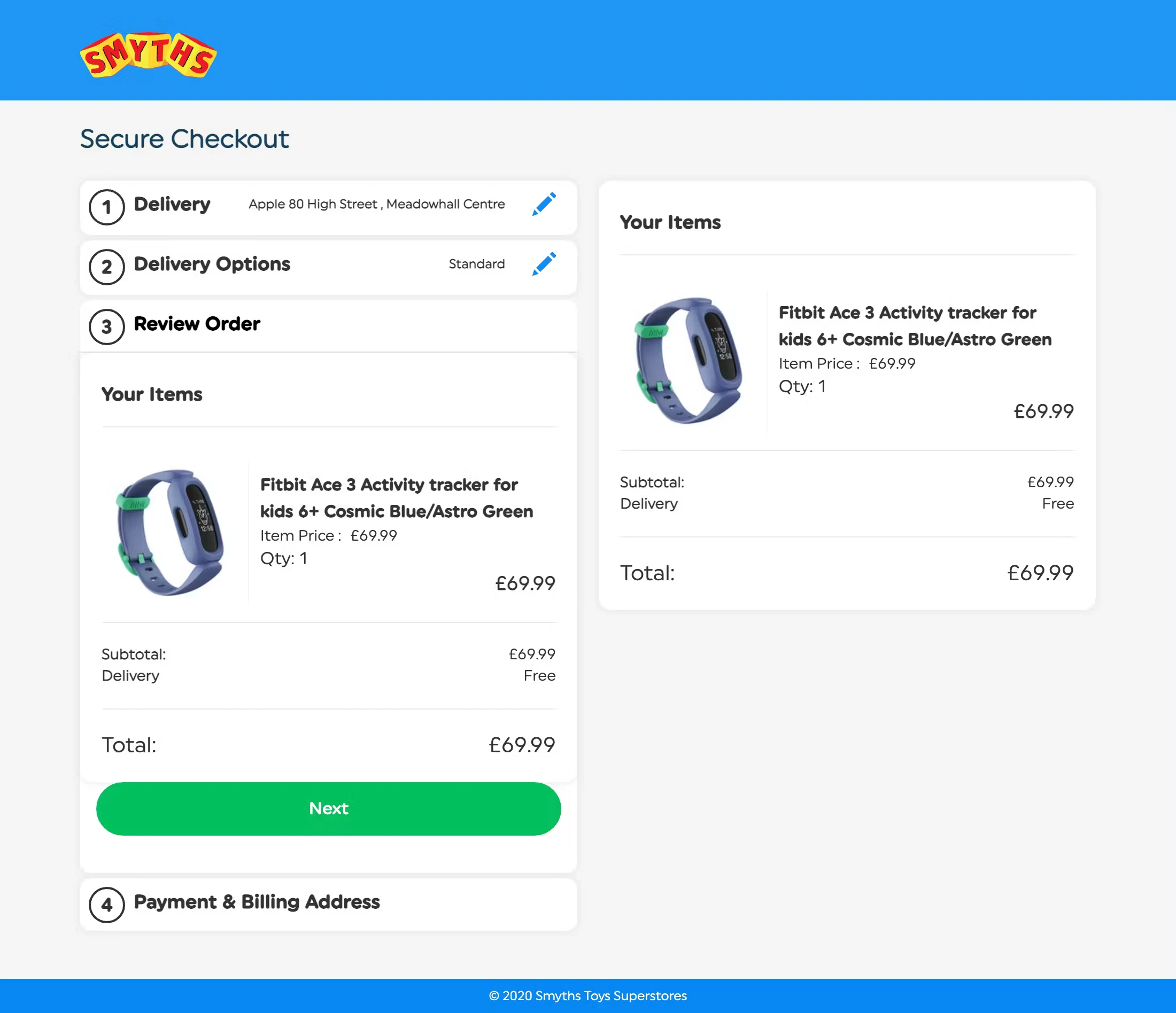 Smyths Toys order review page