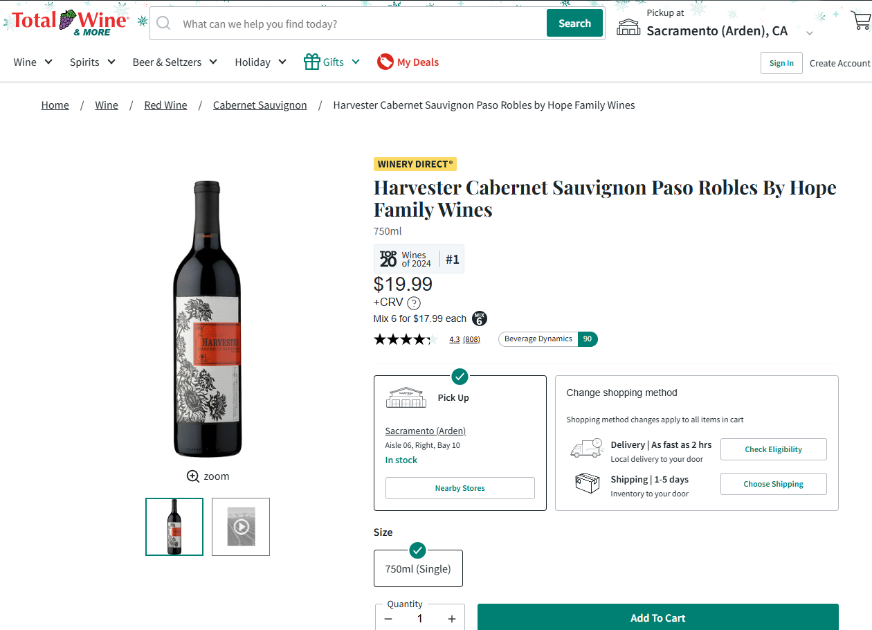Total Wine Product Page Example