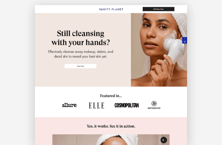 Vanity Planet facial brush landing page