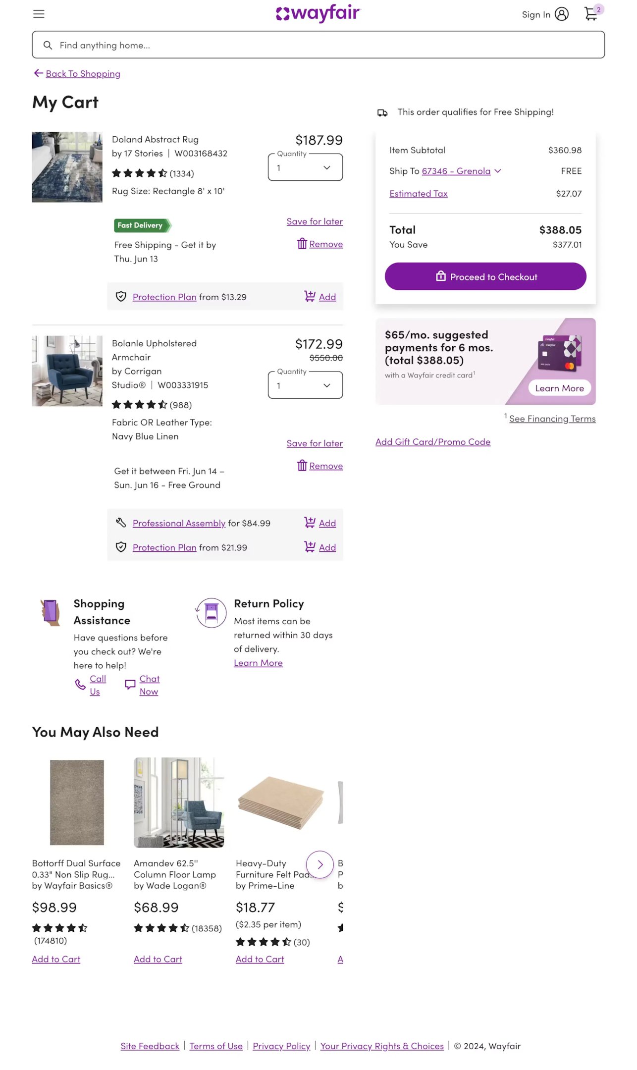 Wayfair shopping cart page design