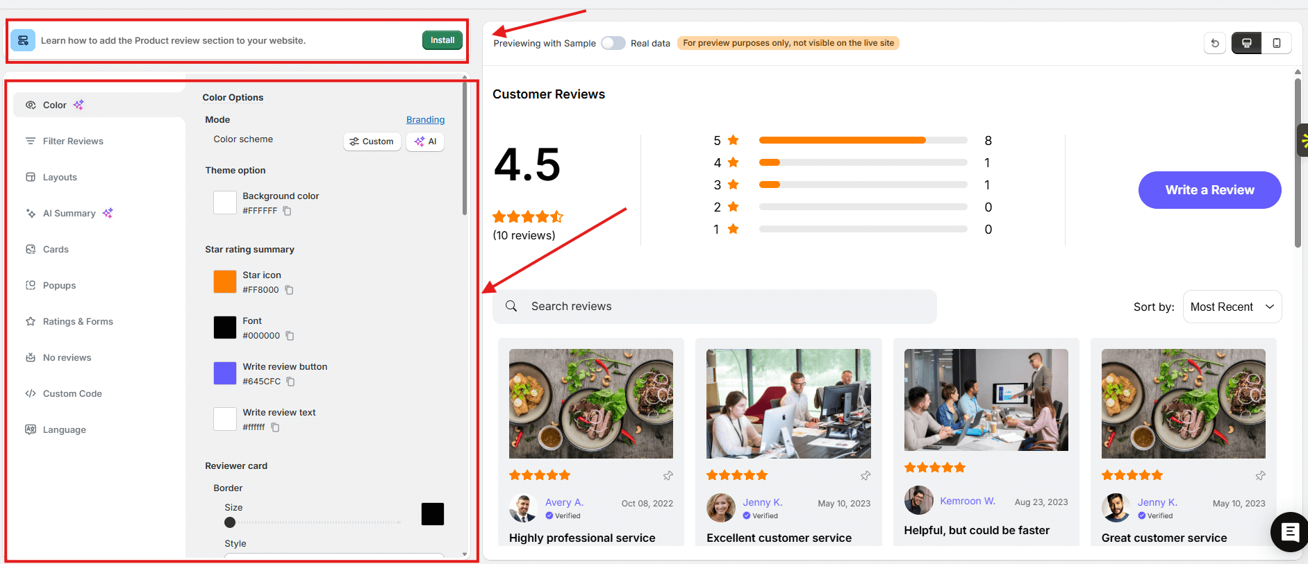 WiserReview display widgets including grid carousel slider review wall and popup