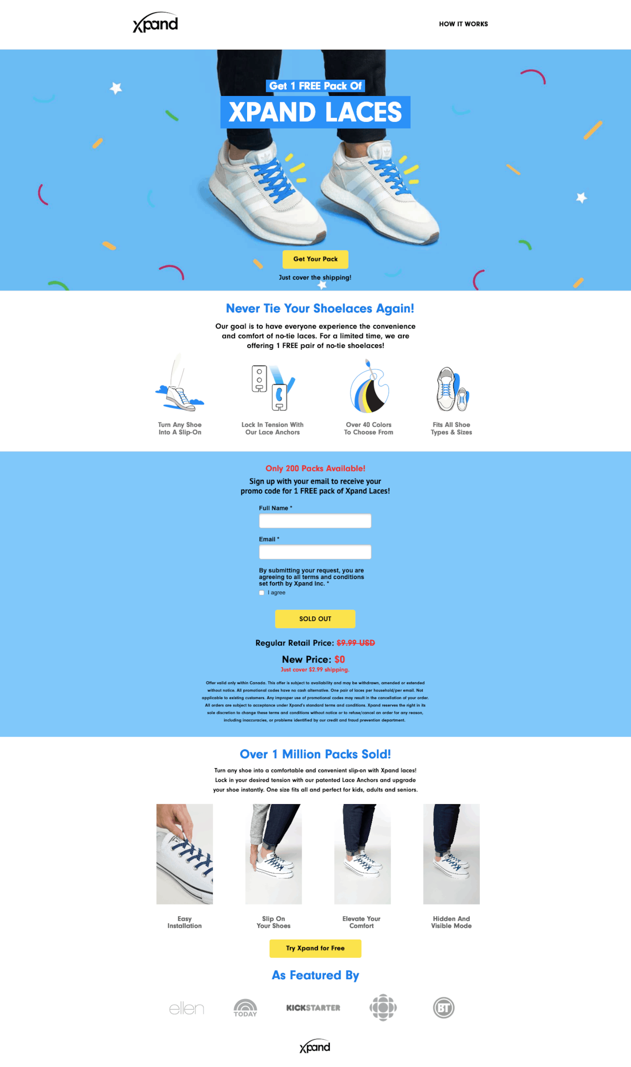 Xpand no-tie shoelaces landing page