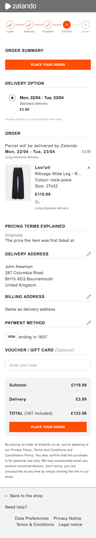 Zalando order review page