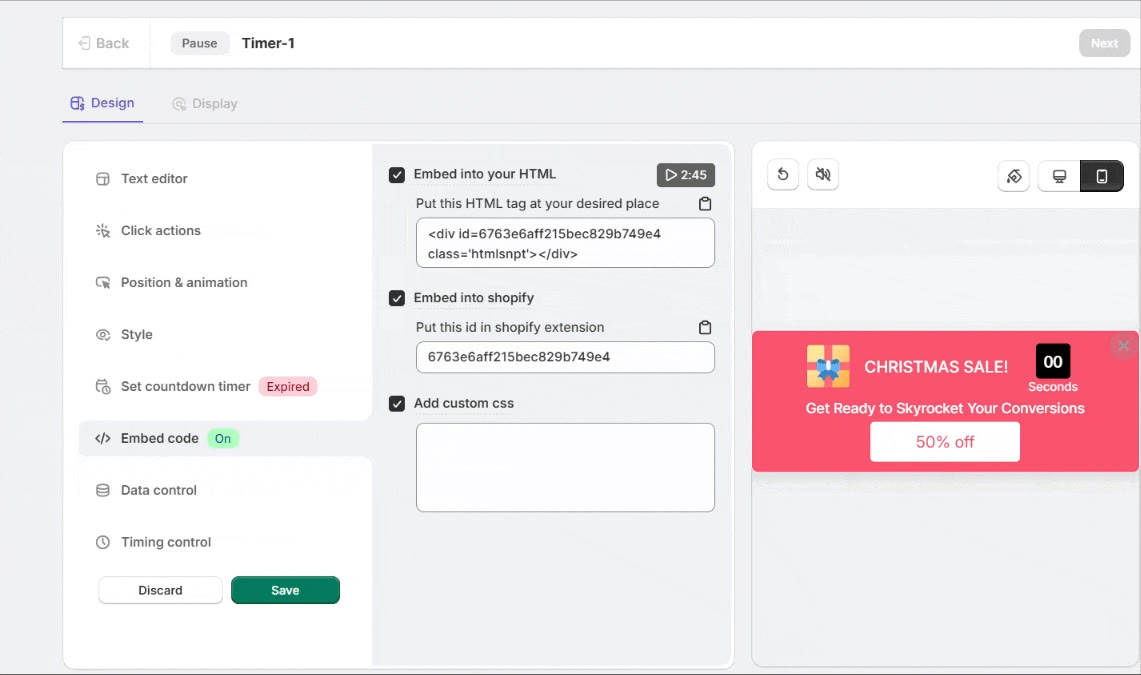 WiserNotify Embed code panel with the Embed into your HTML option and the div tag to copy