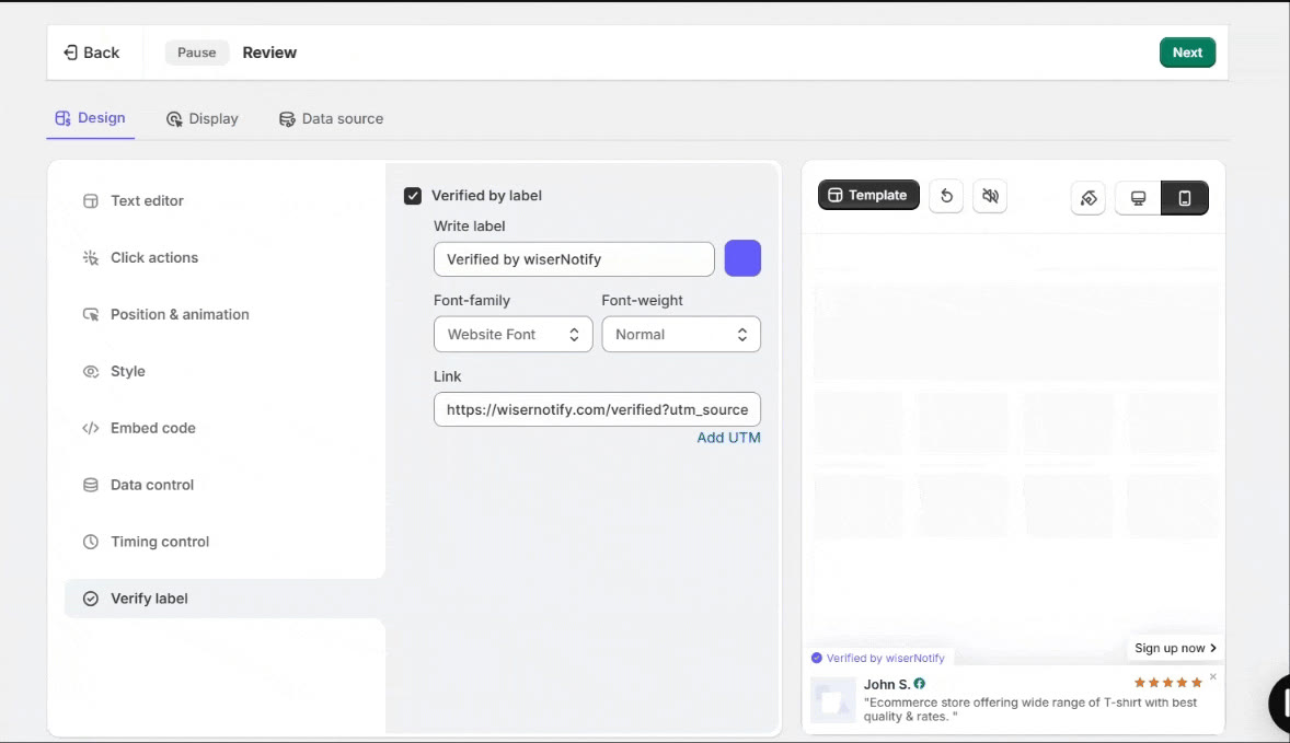 Design tab of the review notification with the live preview
