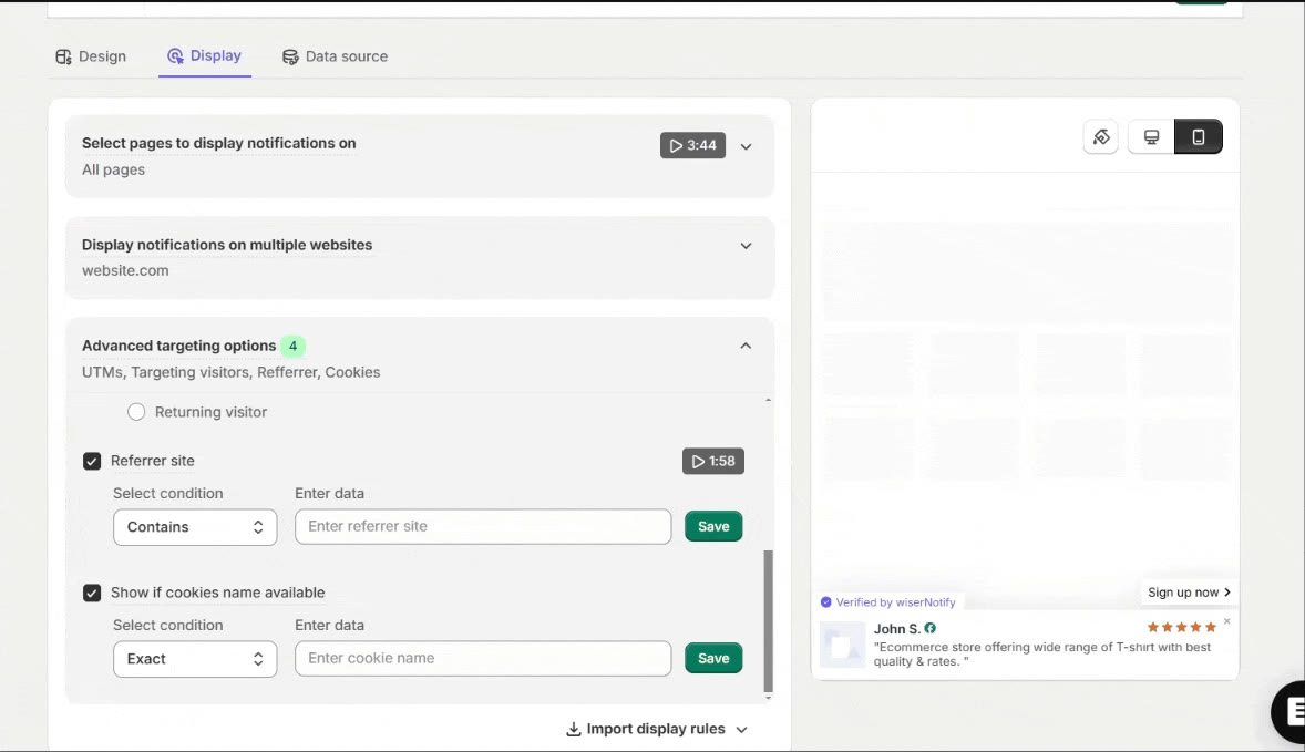 Display settings and page targeting for the review notification