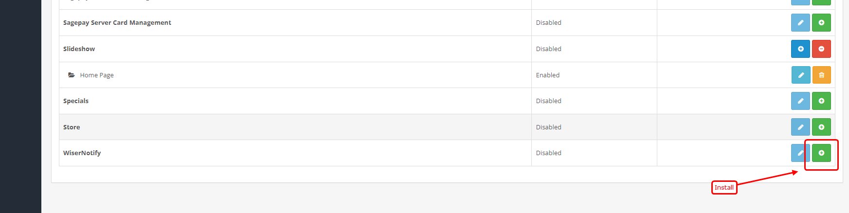 OpenCart modules list with the WiserNotify row and its green install button