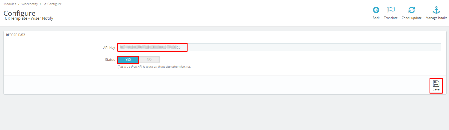 API key field on the WiserNotify module configure screen