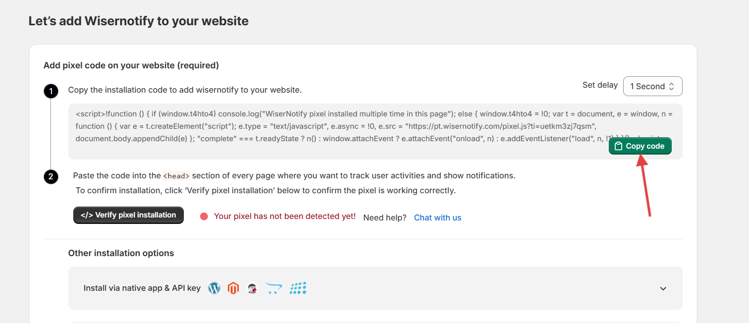 WiserNotify install page with the pixel code and the Copy code button