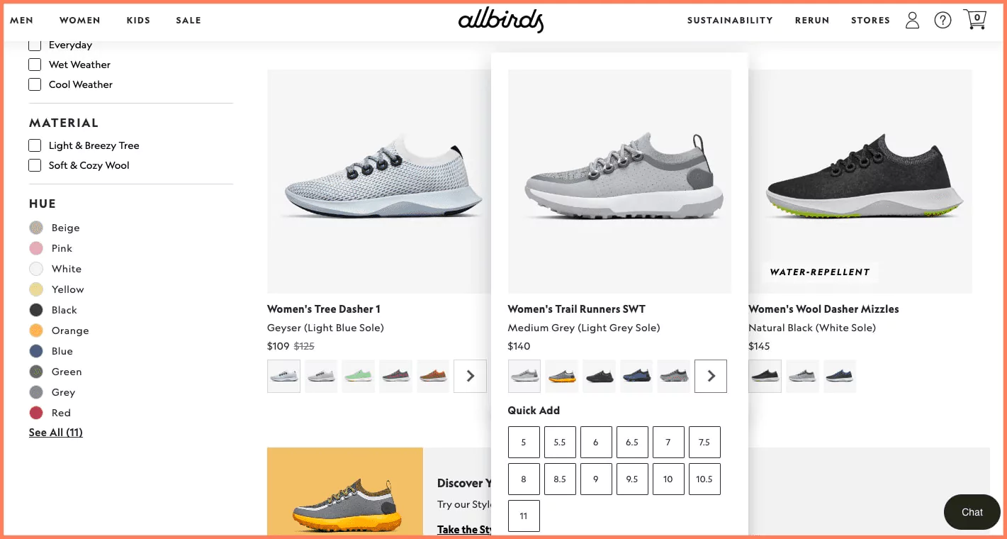 Allbirds product listing page