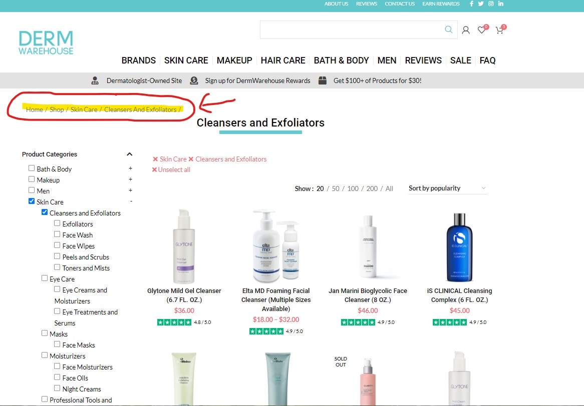 Breadcrumb navigation on product listing pages
