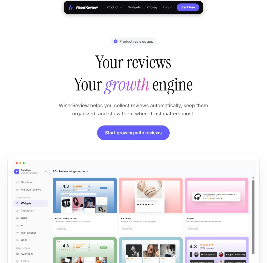 WiserReview clear homepage screenshot