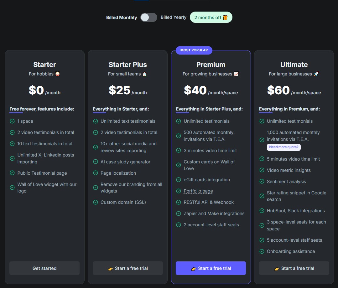 Testimonial.to pricing