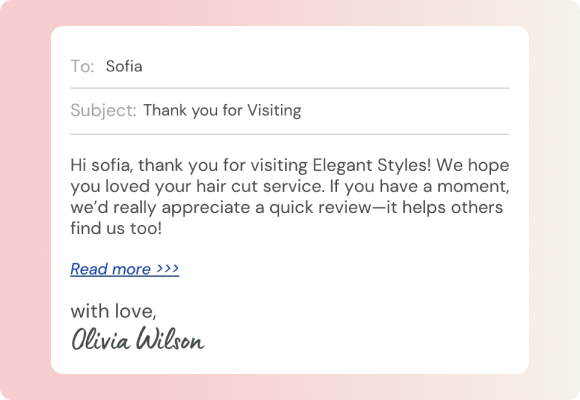 Follow-up text asking a salon client for a review