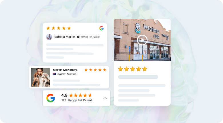 Pet shop reviews displayed with ratings and a verified badge