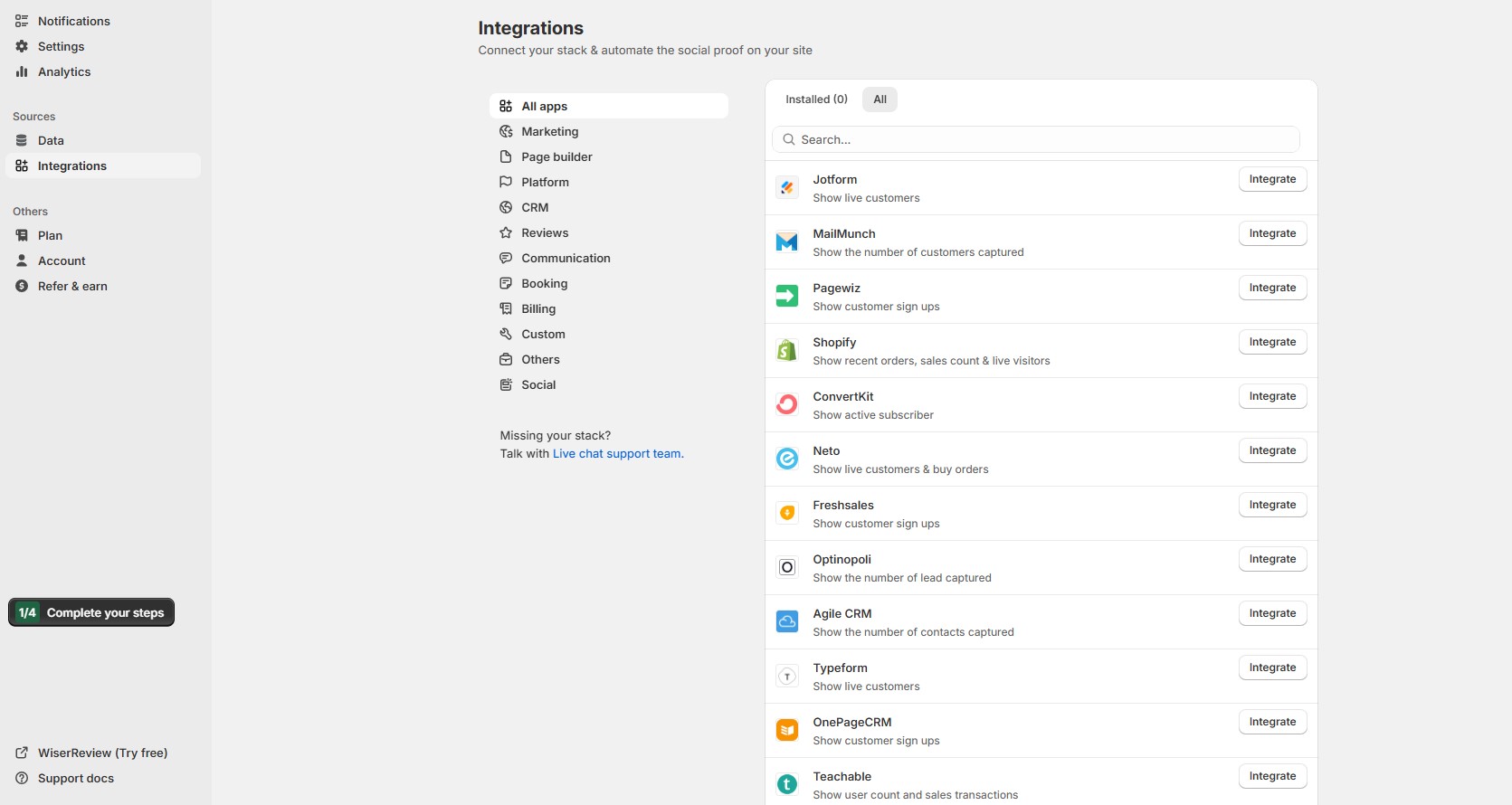 WiserNotify integrations page showing available platform connections