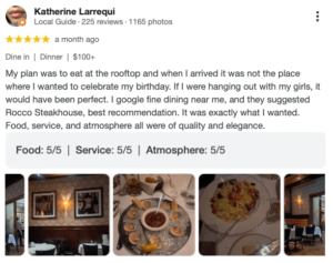 Birthday dinner restaurant review example