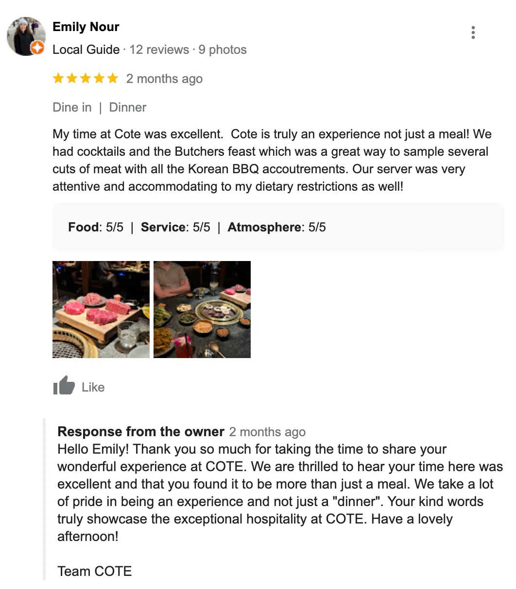 Full experience restaurant review example