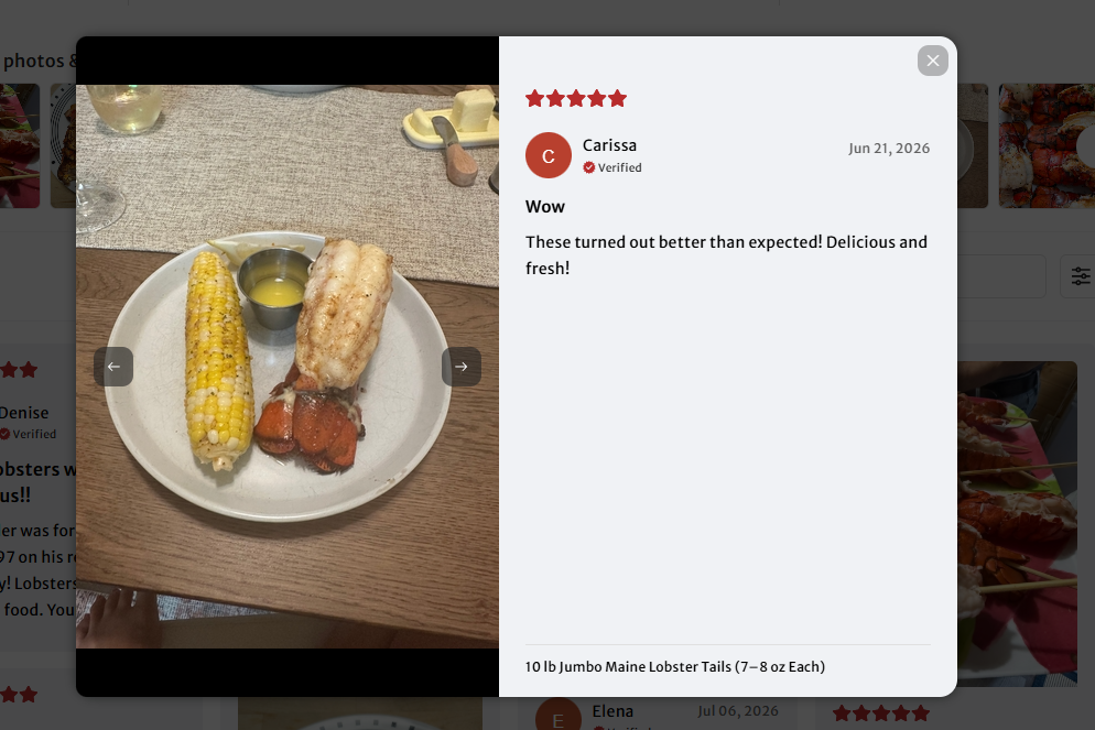 ShopLobster photo review showing cooked lobster tails plated at home
