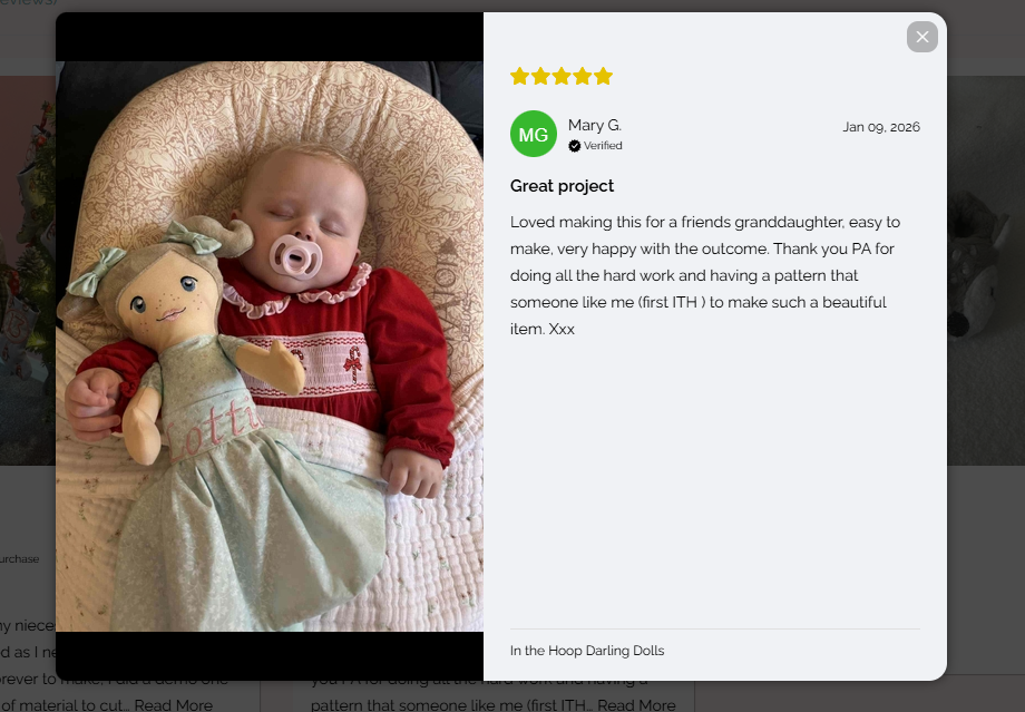 Planet Applique photo review showing a finished handmade doll made from the pattern