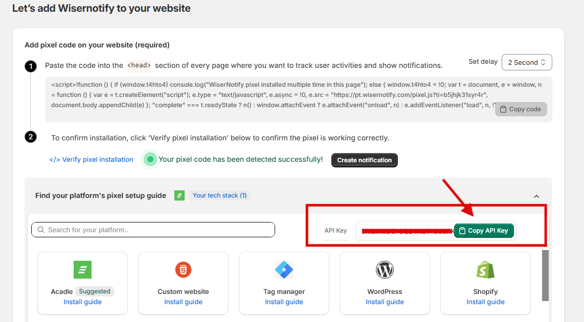 WiserNotify dashboard showing the pixel code and Verify Pixel Installation button