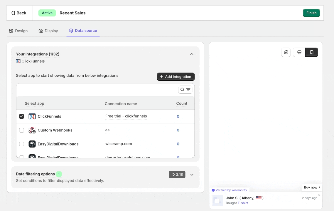 WiserNotify Data source tab with a connected integration and the Select app table