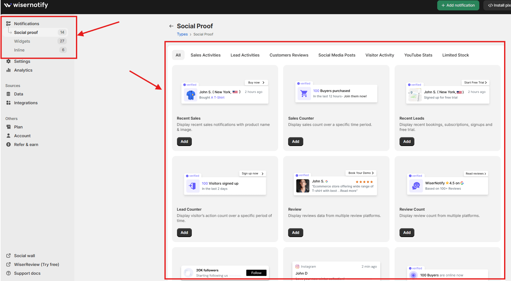 WiserNotify notification type picker: Sales Activities, Lead Activities, Reviews, Social Media, Visitor Activity, YouTube Stats, Limited Stock
