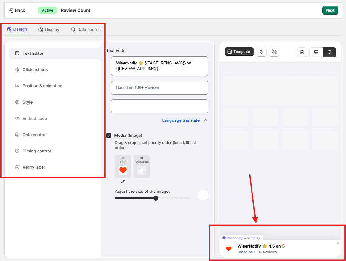 WiserNotify design editor with Text Editor, Click actions, Position, Style, Data control, and Timing control tabs