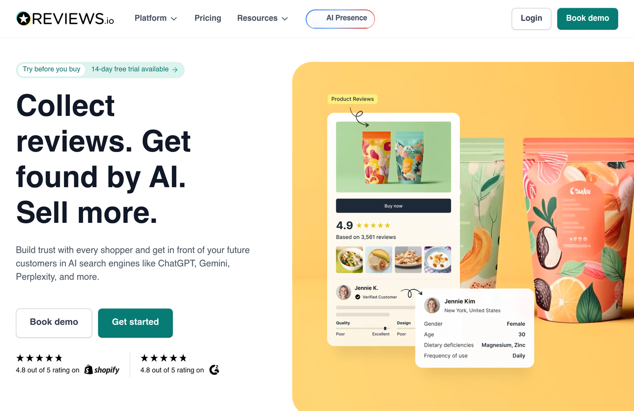 Reviews.io homepage in August 2026, Collect reviews. Get found by AI. Sell more.