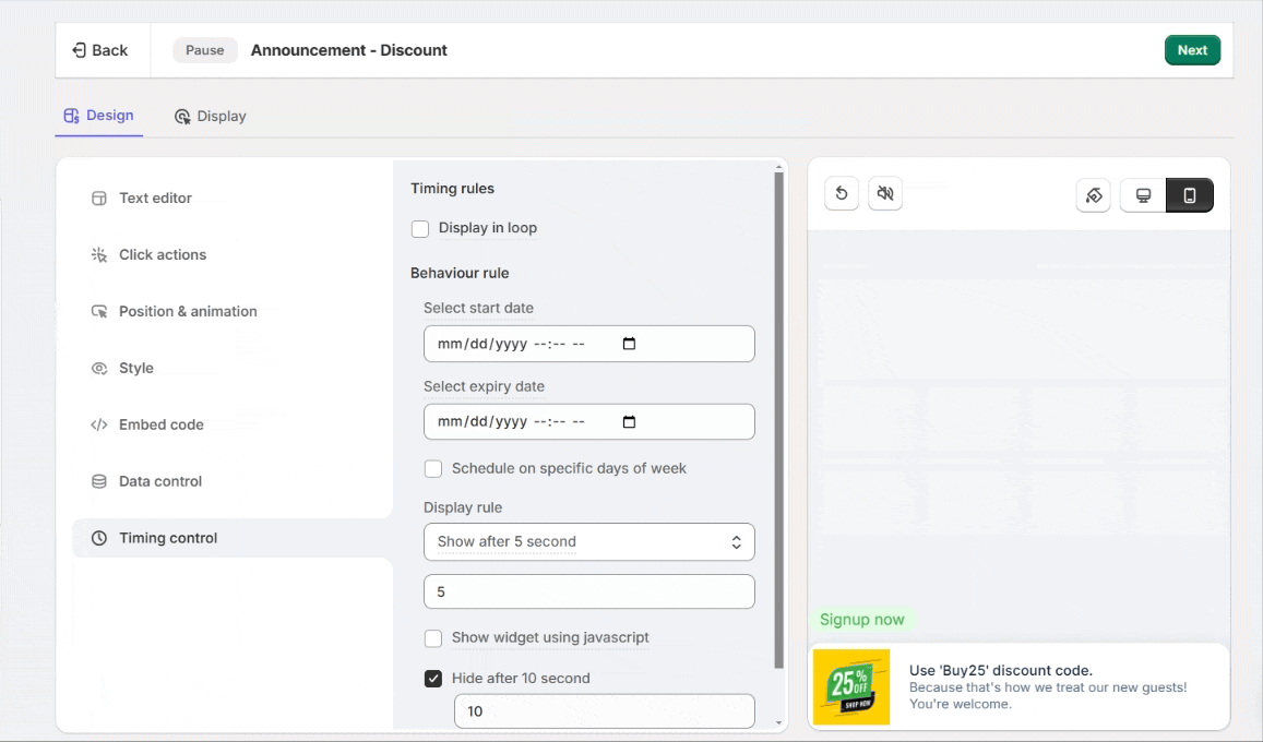 WiserNotify Timing control tab with start date, expiry date, and show/hide after seconds