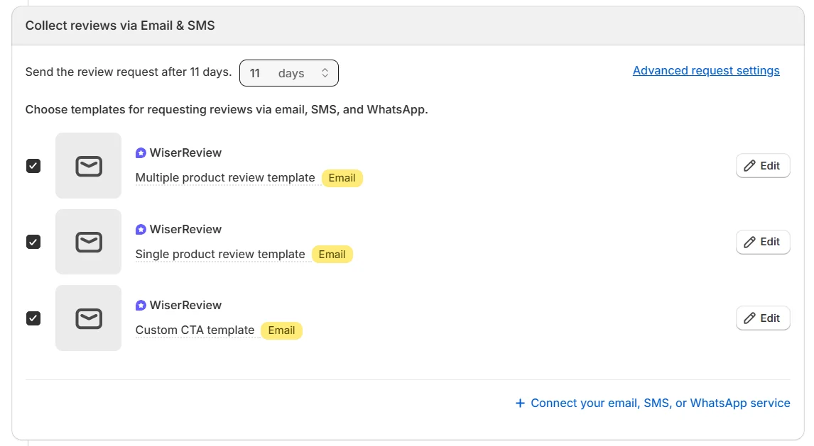 WiserReview review request templates for email, SMS and WhatsApp