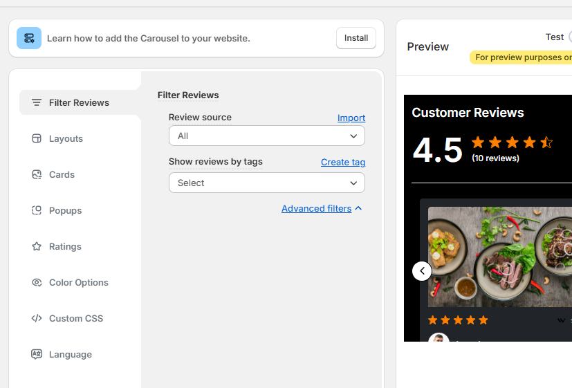 Filter and customize reviews in the WiserReview widget editor