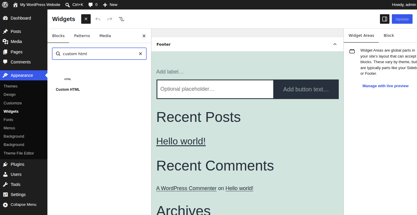 Add a Custom HTML block to the footer in WordPress Widgets