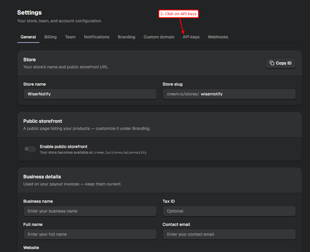 API keys page under Settings in Creem