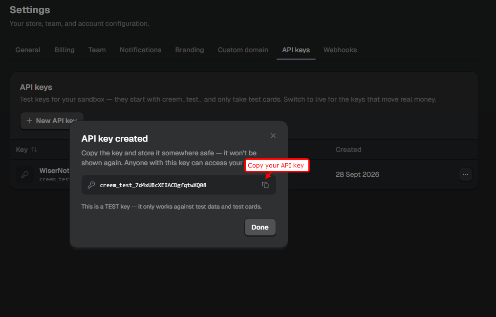 Copying the newly created API key in Creem