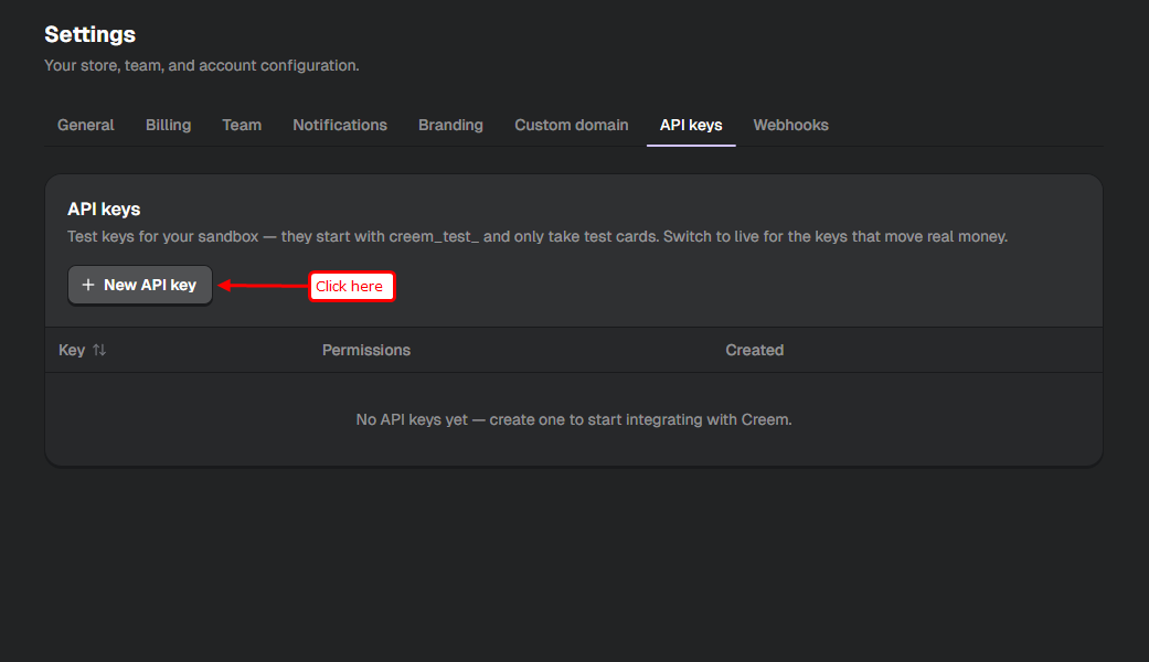 New API key button in Creem
