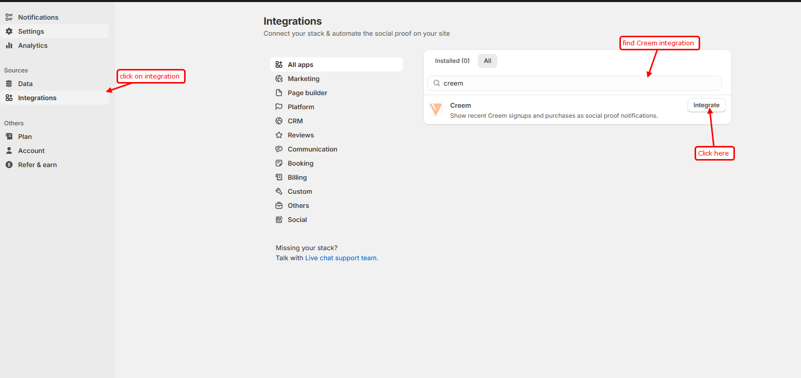 Searching for Creem on the WiserNotify Integrations page