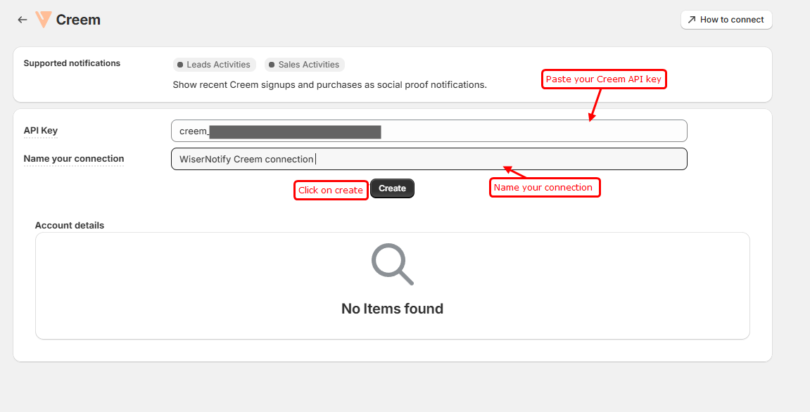 Creem integration form in WiserNotify with API key and connection name fields