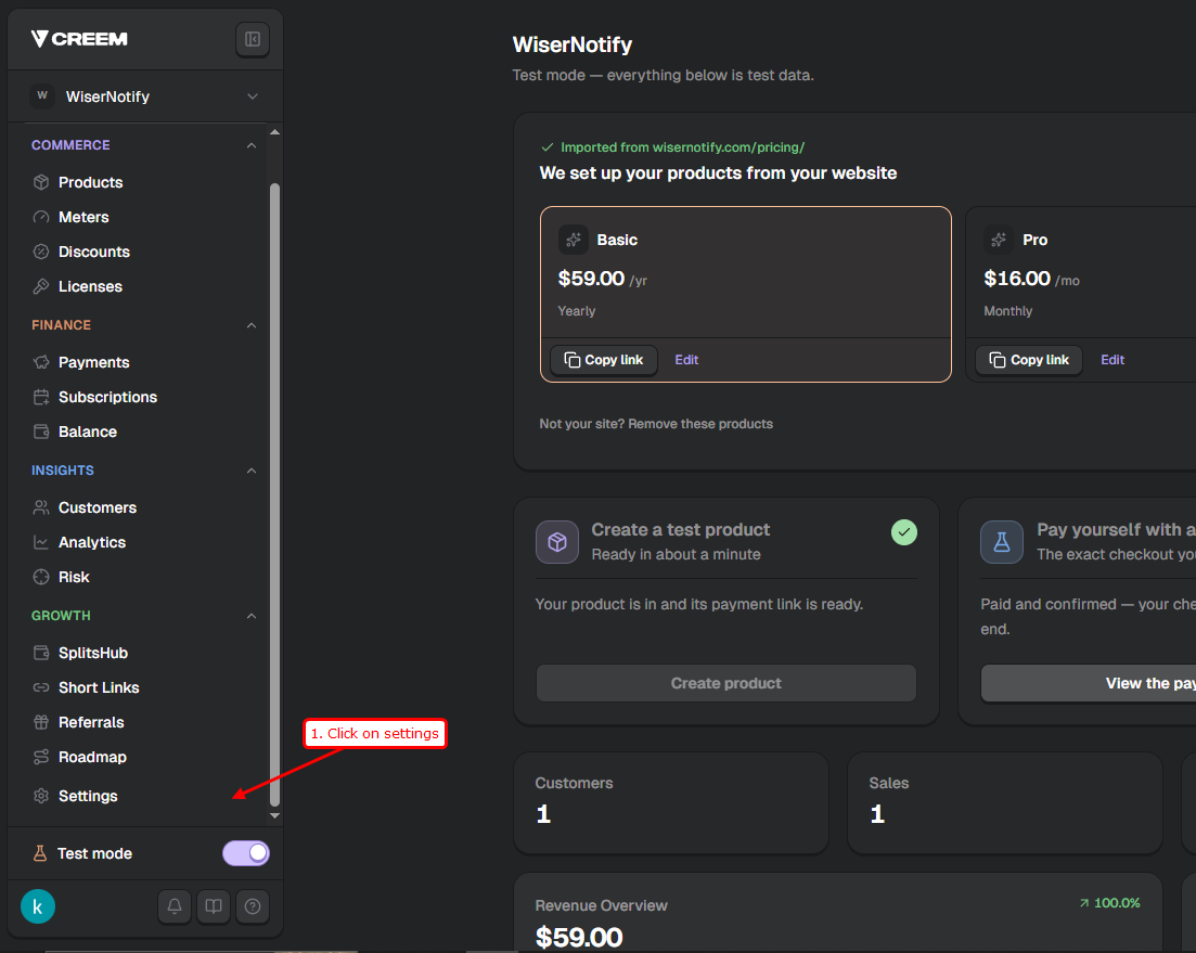 Switching from Test mode to Live mode in the Creem dashboard