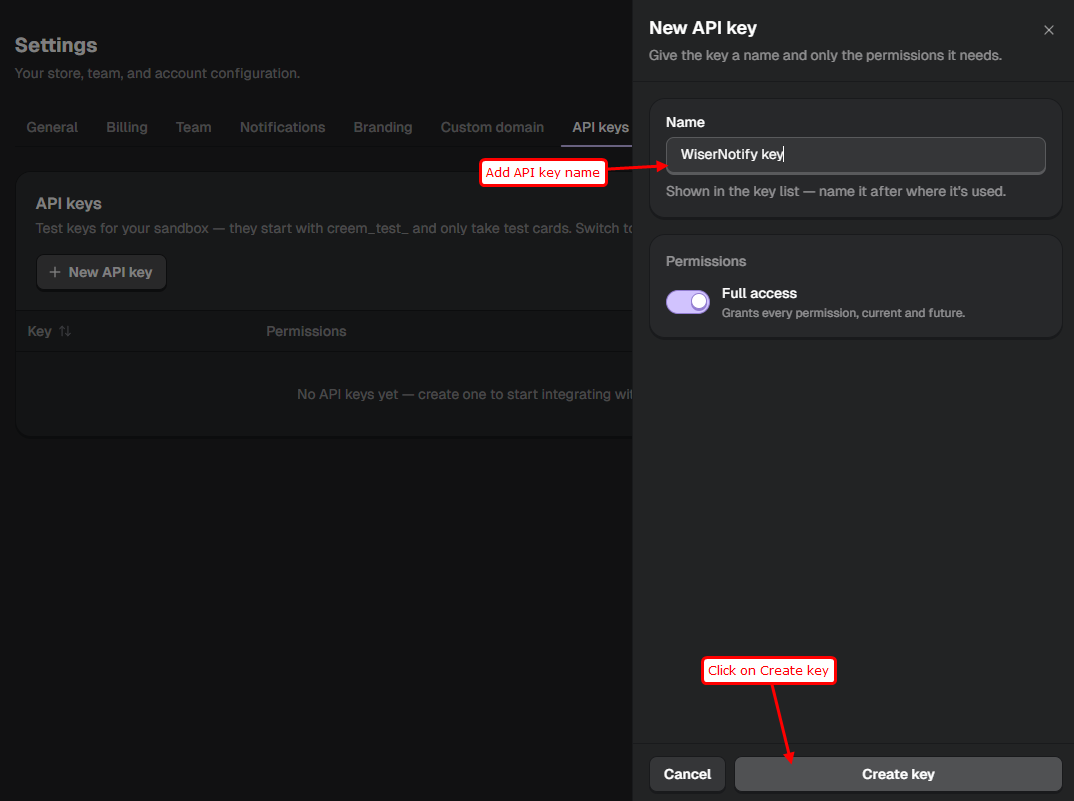 Naming the API key and selecting permissions in Creem