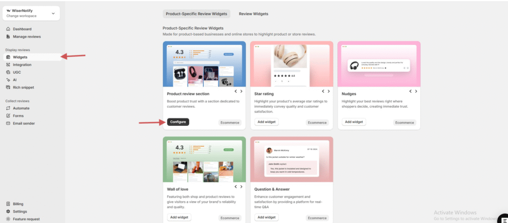 WiserReview Widgets page with review widget types